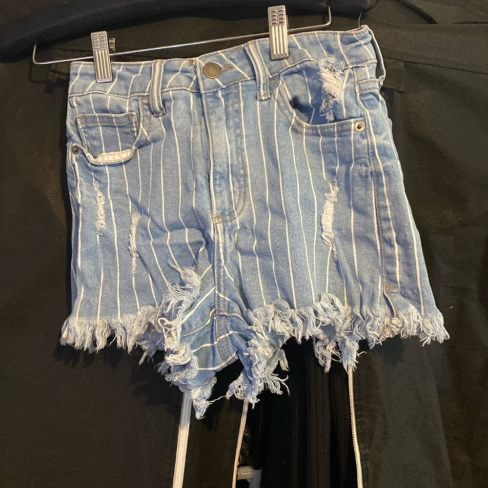 Distressed Blue Striped Denim Shorts